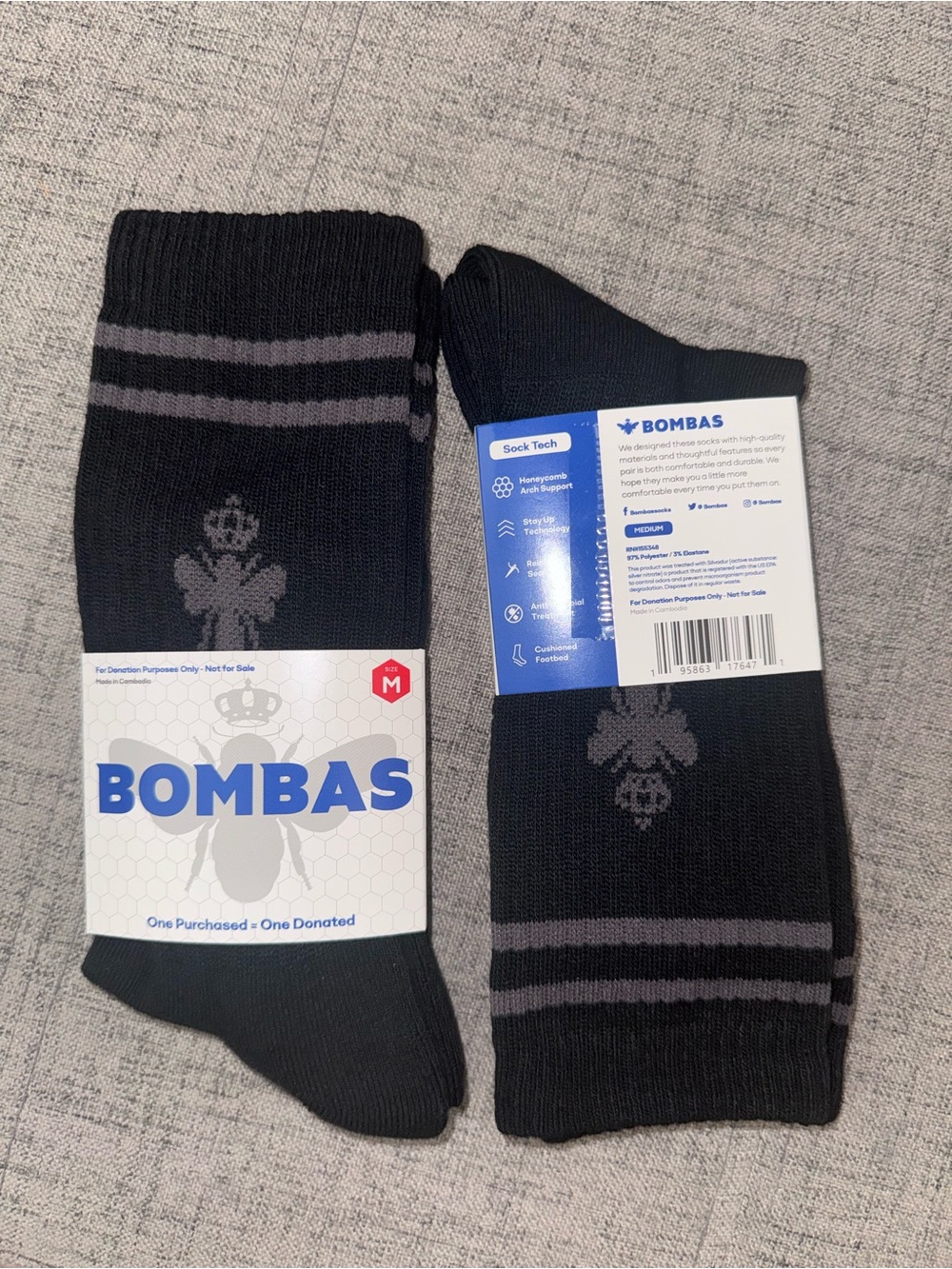 Bombas Men's Black Crew Socks with Gray Stripes and Logo